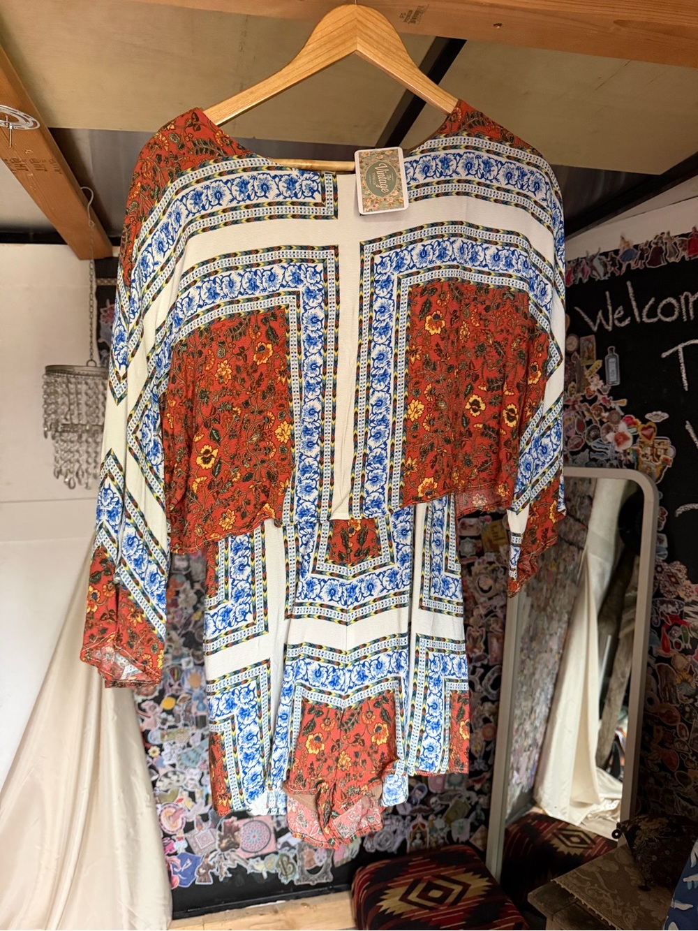 Bohemian Patchwork Romper in Rust & Blue - Lightweight Women's short romper